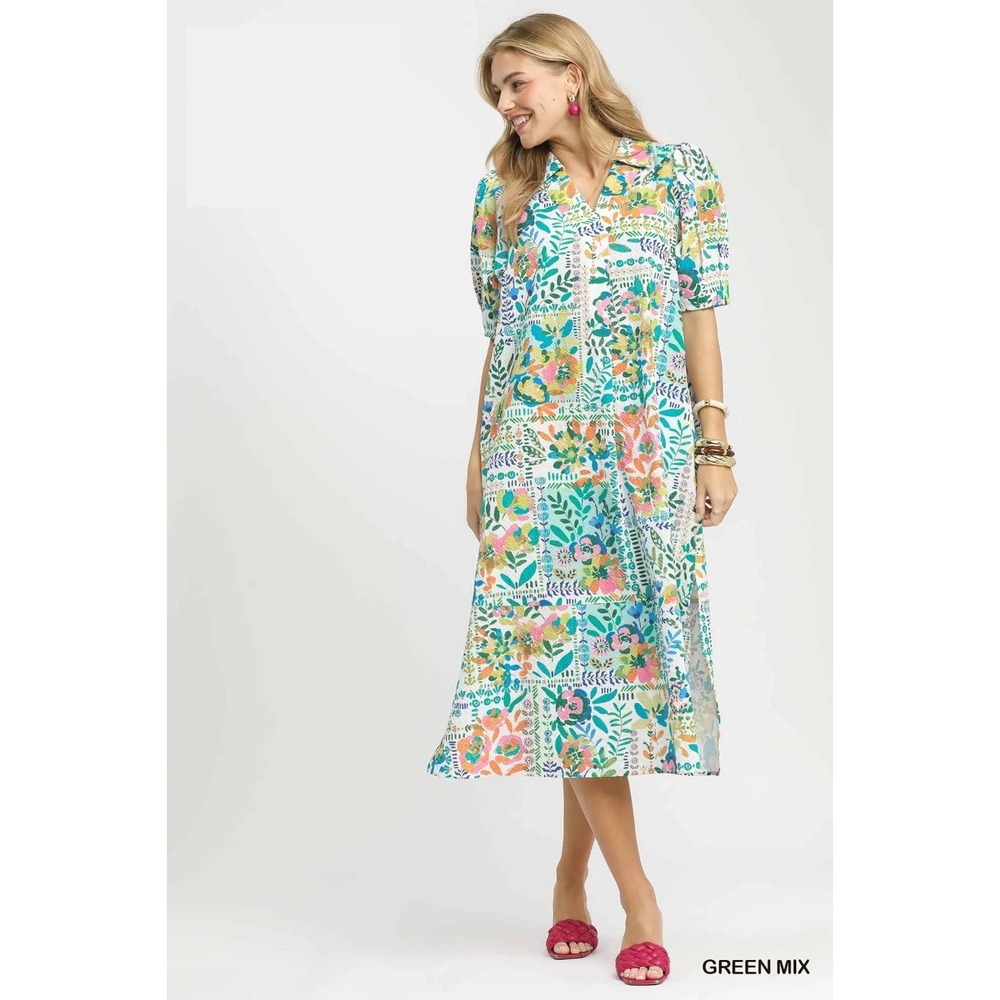 Umgee Folk Print Midi Dress with Side Pockets - Large - Picture 5 of 6